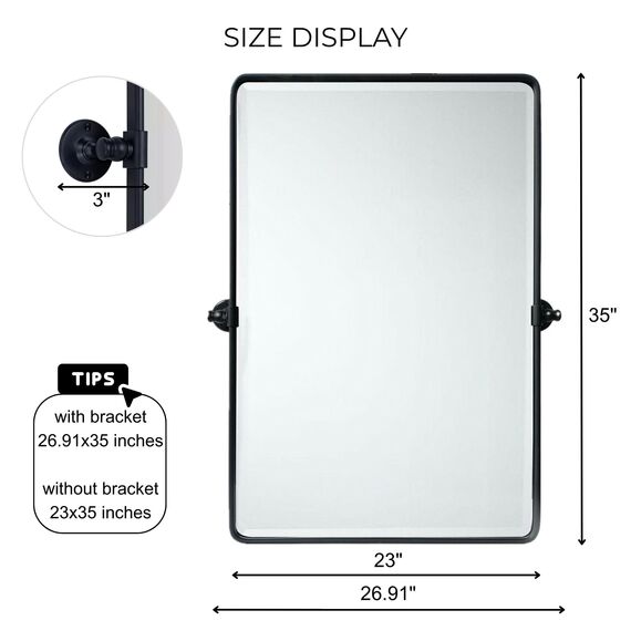 TEHOME, Matt Schwarz Pivot Badezimmer Vanity Spiegel, Farmhouse Stil, Neigbar, Abgerundeter Metallrahmen, Pivot Spiegel mit Abgeschrägtem Spiegel, Gesamtgröße 68,9 x 89,9 cm (Spiegel 58,4 x 89,9 cm)