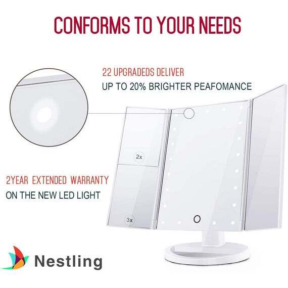 Nestling Make-up-Spiegel mit LED-Lichtern, 21 LED-Lichtern, Kosmetikspiegel mit Touchscreen, Vergrößerung dreifach faltbar, 180 ° freie Drehung, Dual-Netzteil LED-Spiegel (weiß)