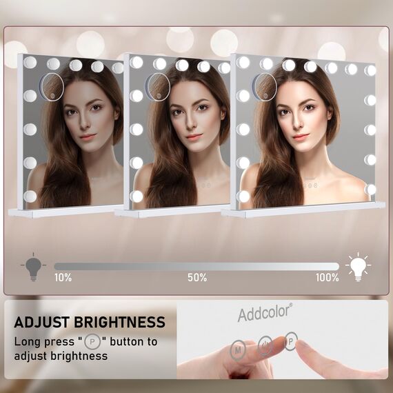 ADDCOLOR Schminkspiegel mit Beleuchtung, Hollywood Spiegel mit 15 LED Lampen und USB Ladeanschluss, 3 Farbtemperatur Licht Wandspiegel mit 10X Spiegel, für Schminktisch (58x2,8x46 cm)