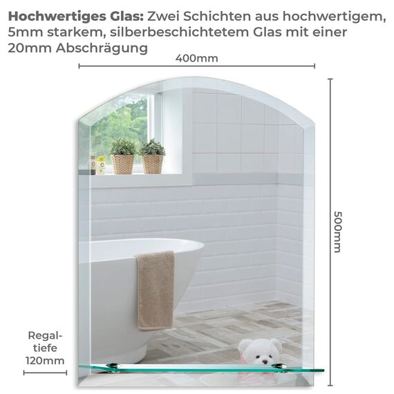 Neue Design Schöner gewölbter Badezimmerspiegel mit Ablage, modern und stylish, mit abgerundeten Kanten, Wandbefestigung, Badspiegel, Wandspiegel, Spiegel 50cm x 40cm