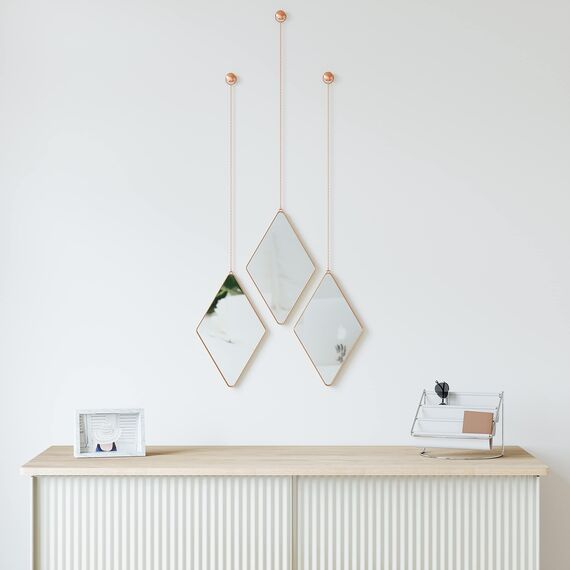 Umbra Dima 3-teiliger Wandspiegel und Wanddekoration, Metall, Kupfer, Rautenförmig