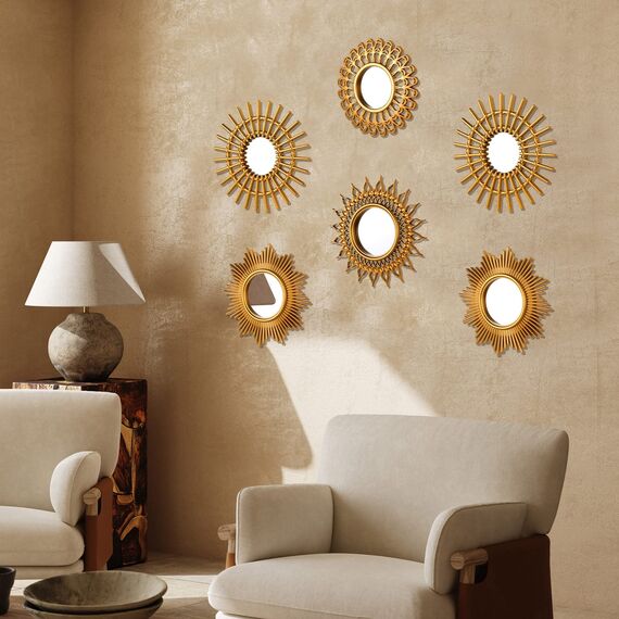 Namalu dekorative Spiegel, kleine runde Sonnen-Spiegel zur Wanddekoration im Flur, Bad, Schlafzimmer und Wohnzimmer, klassisch Goldfarben, 6 Stück