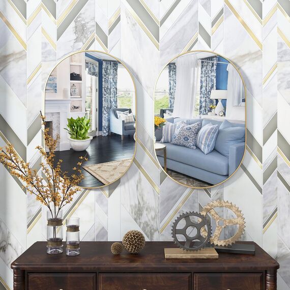 CASSILANDO 2 Stück Ovaler Spiegel, 50 x 75 cm, ovaler Badezimmerspiegel, Metallrahmen, horizontal oder vertikal, einzigartiger Wandspiegel, Kosmetikspiegel für Wohnzimmer, Badezimmer, Gold