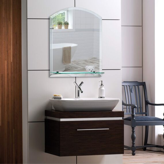 Schöner gewölbter Badezimmerspiegel mit Ablage, modern und stylish, mit abgerundeten Kanten, Wandbefestigung, Badspiegel, Wandspiegel, Spiegel 60cm x 45cm