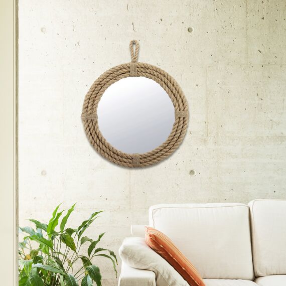 Stonebriar Small Vintage Nautical Round Wall Mirror with Rope Wrapped Trim and Hanging Loop