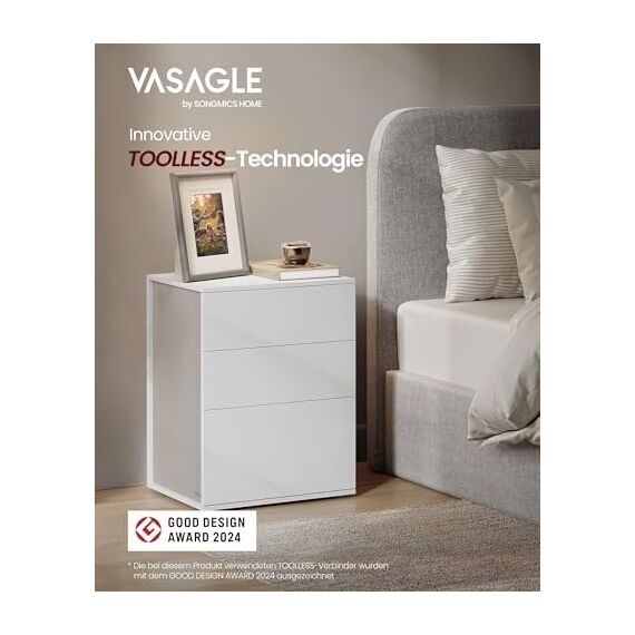 VASAGLE Nachttisch, superschnelle werkzeuglose Montage, Toolless-Technologie, Beistelltisch 3 Schubladen, Nachtschrank, Schlafzimmer, Wohnzimmer, mattweiß-cappuccinobeige LET778W01