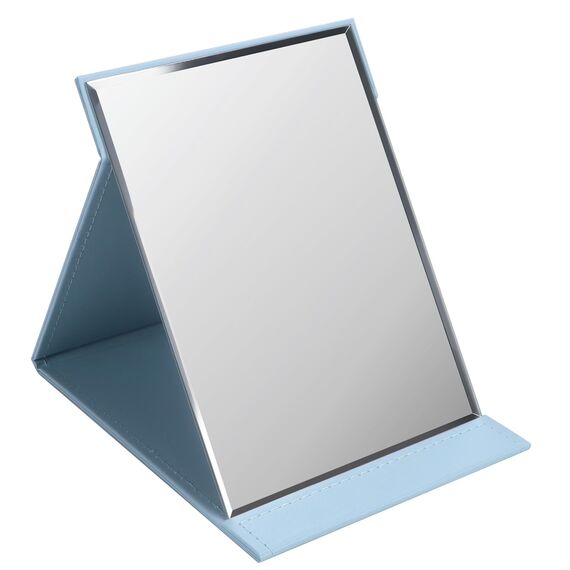 ZBEIVAN Tragbarer, faltbarer Make-up-Spiegel, rahmenlos, PU-Leder, Schreibtischspiegel mit Ständer, für Camping, Reisen, Tischplatte, persönlich, Blau