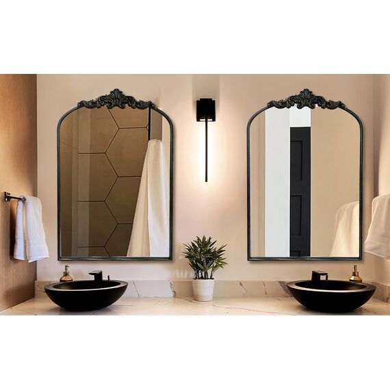 WAMIRRO Gewölbter Spiegel, schwarz, traditionell, Vintage, verziert, Barockspiegel, antikes Messing, Spiegel für Eingang/Kamin/Wohnzimmer/Flur/Badezimmer, 61 x 91 cm, Schwarz