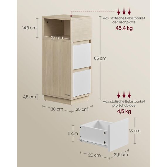 VASAGLE Kailyn Kollektion - Nachttisch, schmal, Beistelltisch 2 Schubladen, offenes Fach nach Links oder rechts flexibel montierbar, Schlafzimmer Wohnzimmer, naturbeige-wolkenweiß LET656N01