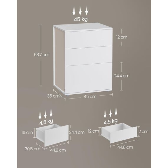 VASAGLE Nachttisch 2er Set, superschnelle werkzeuglose Montage, Toolless-Technologie, Beistelltisch 3 Schubladen, Nachtschrank, Schlafzimmer, Wohnzimmer, mattweiß-cappuccinobeige LET779W01