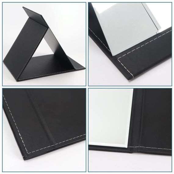 ZBEIVAN Extra großer tragbarer Faltbarer Make-up-Spiegel, rahmenloser Kosmetikspiegel aus PU-Leder mit Ständer für Schreibtisch, Tisch, Camping, Reisen, persönlich, 30,5 x 22,9 cm, Schwarz