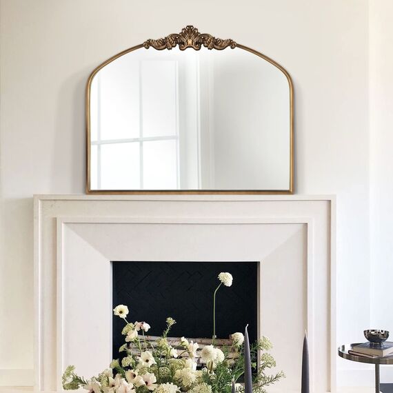 WAMIRRO Gewölbter Spiegel, traditioneller Vintage-Stil, verzierter Barockspiegel, antiker Messingspiegel für Eingang/Kamin/Wohnzimmer/Flur/Badezimmer, 36 x 30 cm, Gold