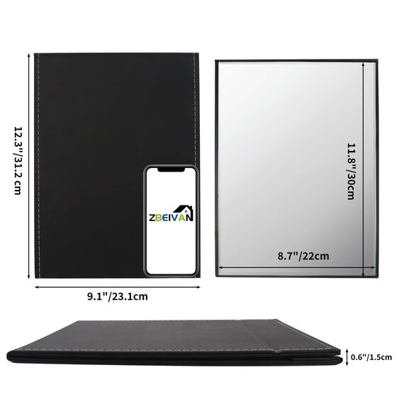 ZBEIVAN Extra großer tragbarer Faltbarer Make-up-Spiegel, rahmenloser Kosmetikspiegel aus PU-Leder mit Ständer für Schreibtisch, Tisch, Camping, Reisen, persönlich, 30,5 x 22,9 cm, Schwarz