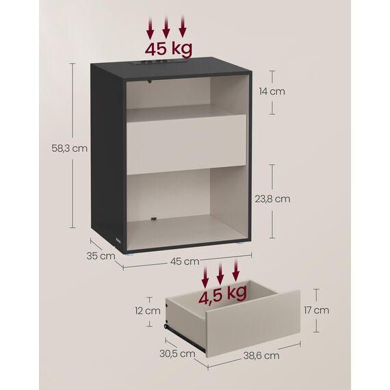 VASAGLE Nachttisch, superschnelle werkzeuglose Montage,Toolless-Technologie, Beistelltisch mit Ladefunktion, Nachtschrank mit Schublade, Schlafzimmer, tintenschwarz-cappuccinobeige LET777B04