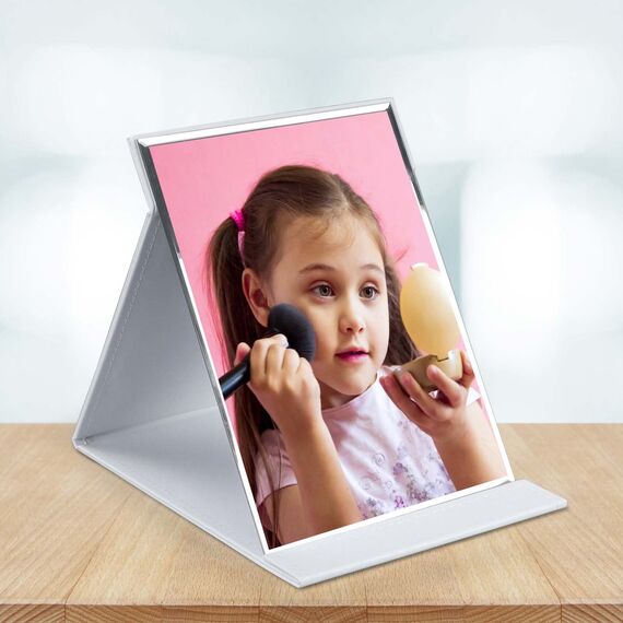 ZBEIVAN Tragbarer Faltbarer Make-up-Spiegel, rahmenloser PU-Leder-Schreibtischspiegel mit Ständer für Camping, Reisetisch, persönlich, 25,4 x 17,8 cm, Weiß