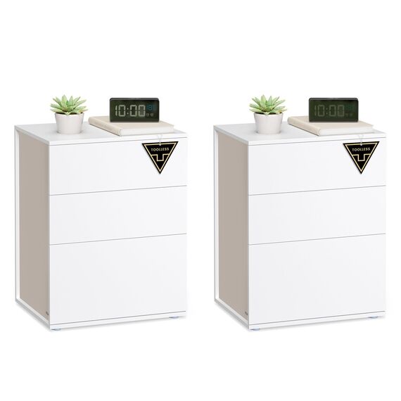 VASAGLE Nachttisch 2er Set, superschnelle werkzeuglose Montage, Toolless-Technologie, Beistelltisch 3 Schubladen, Nachtschrank, Schlafzimmer, Wohnzimmer, mattweiß-cappuccinobeige LET779W01