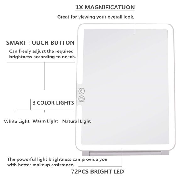 DeWEISN Faltbarer Reise-Spiegel beleuchteter Make-up-Spiegel mit 72 LEDs, 3 Farben, USB, wiederaufladbar, tragbar, ultradünn, beleuchteter Kosmetikspiegel mit Touchscreen, dimmbar für Kosmetik