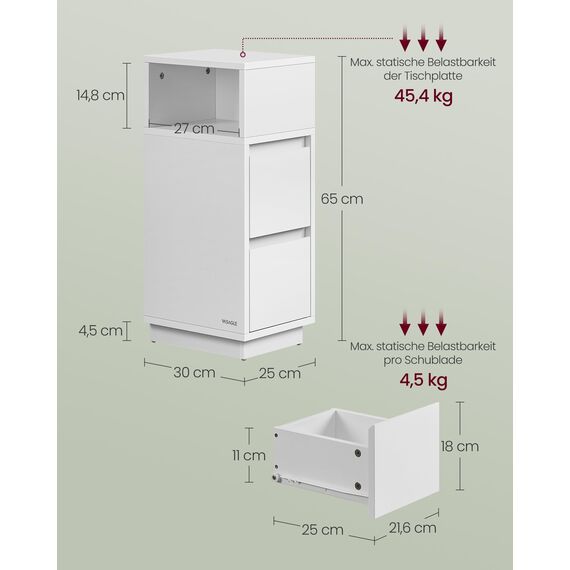 VASAGLE Kailyn Kollektion - Nachttisch 2er Set, schmal, Beistelltisch 2 Schubladen, offenes Fach nach Links oder rechts flexibel montierbar, Schlafzimmer Wohnzimmer, wolkenweiß LET856W01