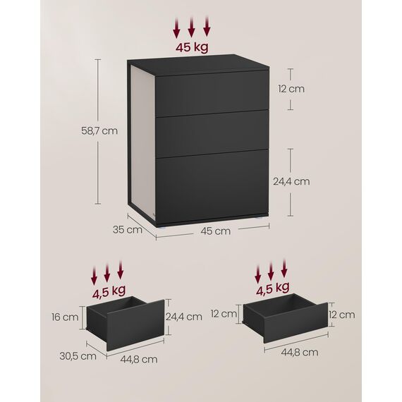 VASAGLE Nachttisch 2er Set, superschnelle werkzeuglose Montage, Toolless-Technologie, Beistelltisch 3 Schubladen, Nachtschrank, Schlafzimmer, Wohnzimmer, tintenschwarz-cappuccinobeige LET779B01