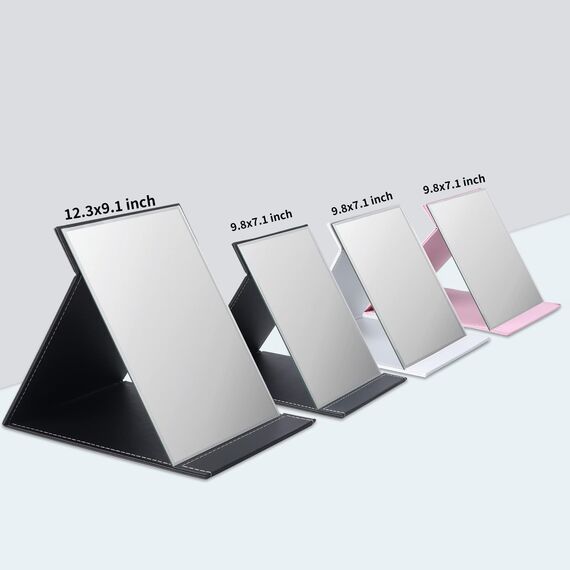 ZBEIVAN Extra großer tragbarer Faltbarer Make-up-Spiegel, rahmenloser Kosmetikspiegel aus PU-Leder mit Ständer für Schreibtisch, Tisch, Camping, Reisen, persönlich, 30,5 x 22,9 cm, Schwarz