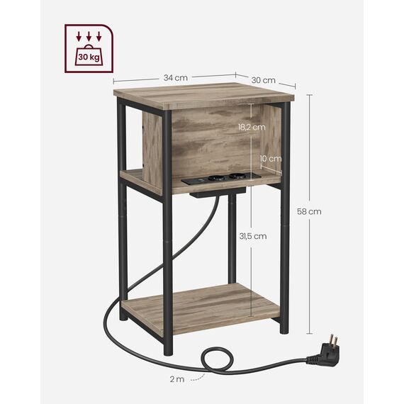 VASAGLE Beistelltisch, Nachttisch mit Steckdose, schmal, 2 AC-Anschlüsse, 2 USB-Anschlüsse, 30 x 34 x 58 cm, für Wohnzimmer, Schlafzimmer, haselnussbraun-schwarz LET375K01