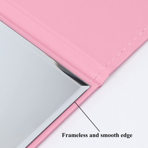 ZBEIVAN 25,4 x 17,8 cm, tragbar, zusammenklappbar, rahmenlos, PU-Leder, Schreibtischspiegel mit Ständer für Camping, Reisen, Tischplatte, Pink
