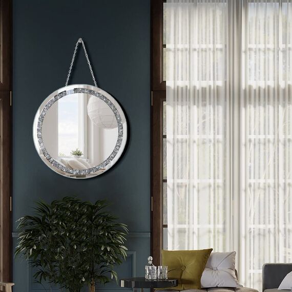 QMDECOR Crush Diamond Wandspiegel mit Eisenkette, 30,5 cm, rund, silberfarben, glitzernd, dekorativer Spiegel