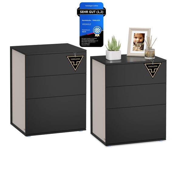 VASAGLE Nachttisch 2er Set, superschnelle werkzeuglose Montage, Toolless-Technologie, Beistelltisch 3 Schubladen, Nachtschrank, Schlafzimmer, Wohnzimmer, tintenschwarz-cappuccinobeige LET779B01