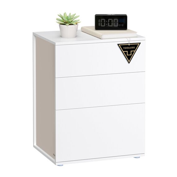 VASAGLE Nachttisch, superschnelle werkzeuglose Montage, Toolless-Technologie, Beistelltisch 3 Schubladen, Nachtschrank, Schlafzimmer, Wohnzimmer, mattweiß-cappuccinobeige LET778W01