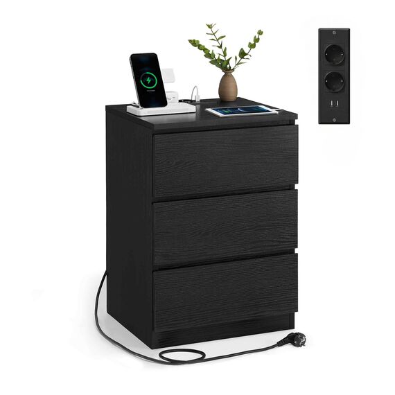 VASAGLE Kailyn Kollektion - Nachttisch mit Steckdosenleiste, Beistelltisch, 3 Schubladen, 2 AC-Steckdosen, 2 USB-A-Anschlüsse, modern, ebenholzschwarz LET631B56