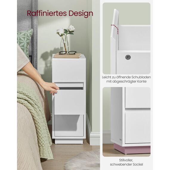 VASAGLE Kailyn Kollektion - Nachttisch 2er Set, schmal, Beistelltisch 2 Schubladen, offenes Fach nach Links oder rechts flexibel montierbar, Schlafzimmer Wohnzimmer, wolkenweiß LET856W01