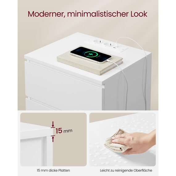 VASAGLE Kailyn Kollektion - Nachttisch mit Steckdosenleiste, 2er Set, Beistelltisch, 3 Schubladen, 2 AC-Steckdosen, 2 USB-A-Anschlüsse, modern, wolkenweiß LET831W14