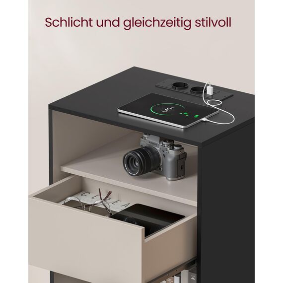 VASAGLE Nachttisch, superschnelle werkzeuglose Montage,Toolless-Technologie, Beistelltisch mit Ladefunktion, Nachtschrank mit Schublade, Schlafzimmer, tintenschwarz-cappuccinobeige LET777B04