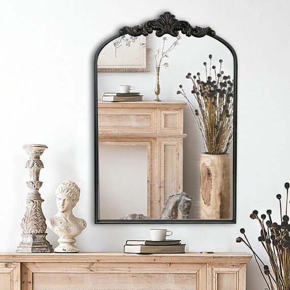 WAMIRRO Gewölbter Spiegel, schwarz, traditionell, Vintage, verziert, Barockspiegel, antikes Messing, Spiegel für Eingang/Kamin/Wohnzimmer/Flur/Badezimmer, 61 x 91 cm, Schwarz