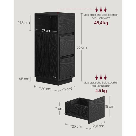 VASAGLE Kailyn Kollektion - Nachttisch, schmal, Beistelltisch 2 Schubladen, offenes Fach nach Links oder rechts flexibel montierbar, Schlafzimmer Wohnzimmer, ebenholzschwarz LET656B56