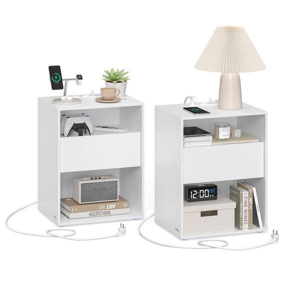 VASAGLE Nachttisch 2er Set, Superschnelle werkzeuglose Montage, Toolless-Technologie, Nachtschrank mit Schublade und Ladefunktion, Beistelltisch mit Steckdose, 35 x 45 x 58,3 cm, Wolkenweiß LET776W01