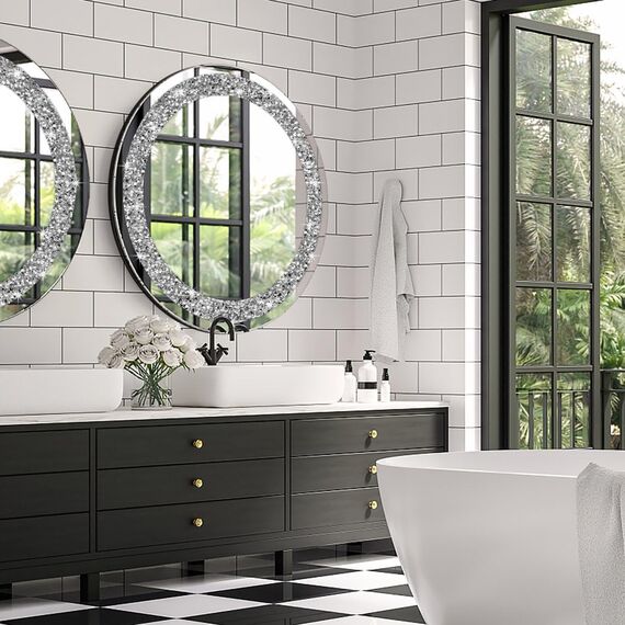 qmdecor Silberner Spiegel (40,6 cm, rund, Diamant)