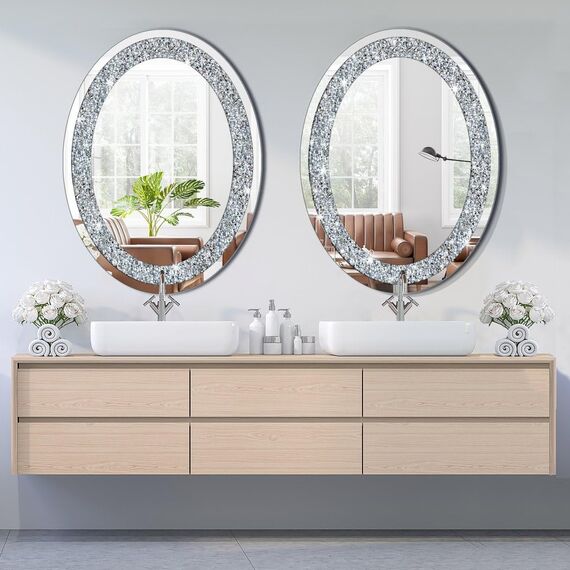 Kristallspiegel, oval, silberfarben, glitzernd, glitzernd, für Wanddekoration, 61 x 81,3 x 2,3 cm, rahmenloser Wandbehang, funkelnder Glasspiegel, atemberaubend, stilvoll, modisch, Heimdekoration,