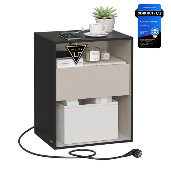 VASAGLE Nachttisch, superschnelle werkzeuglose Montage,Toolless-Technologie, Beistelltisch mit Ladefunktion, Nachtschrank mit Schublade, Schlafzimmer, tintenschwarz-cappuccinobeige LET777B04