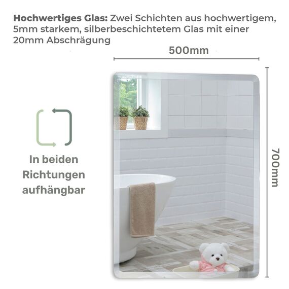 Neue Design Mood® Premium Rectangular Bathroom Mirror, Wall Mounted Bevelled Frameless Mirrors, Hangs Both Ways, Toilet Bedroom Hallway, (70cm x 50cm)