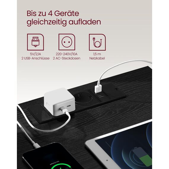 VASAGLE Kailyn Kollektion - Nachttisch mit Steckdosenleiste, Beistelltisch, 3 Schubladen, 2 AC-Steckdosen, 2 USB-A-Anschlüsse, modern, ebenholzschwarz LET631B56