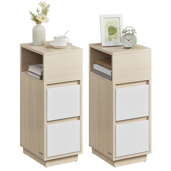 VASAGLE Kailyn Kollektion - Nachttisch 2er Set, schmal, Beistelltisch 2 Schubladen, offenes Fach nach Links oder rechts flexibel montierbar, Schlafzimmer Wohnzimmer, naturbeige-wolkenweiß LET856N01