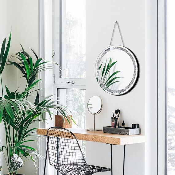 QMDECOR Crush Diamond Wandspiegel mit Eisenkette, 30,5 cm, rund, silberfarben, glitzernd, dekorativer Spiegel