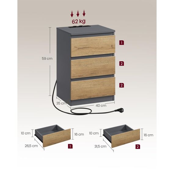 VASAGLE Kailyn Collection - Nachttisch mit Steckdosenleiste, 2er Set, Beistelltisch, 3 Schubladen, 2 AC-Steckdosen, 2 USB-A-Anschlüsse, modern, schiefergrau-naturbraun LET831G01
