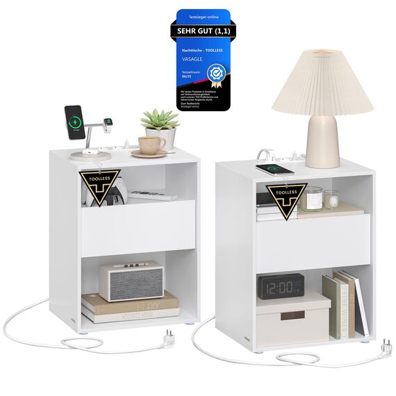 VASAGLE Nachttisch 2er Set, Superschnelle werkzeuglose Montage, Toolless-Technologie, Nachtschrank mit Schublade und Ladefunktion, Beistelltisch mit Steckdose, 35 x 45 x 58,3 cm, Wolkenweiß LET776W01