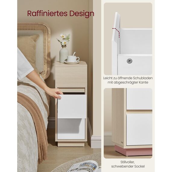VASAGLE Kailyn Kollektion - Nachttisch, schmal, Beistelltisch 2 Schubladen, offenes Fach nach Links oder rechts flexibel montierbar, Schlafzimmer Wohnzimmer, naturbeige-wolkenweiß LET656N01