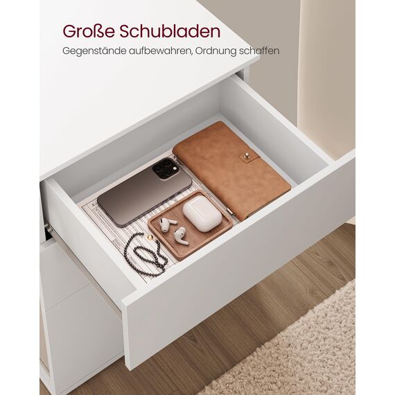 VASAGLE Nachttisch, superschnelle werkzeuglose Montage, Toolless-Technologie, Beistelltisch 3 Schubladen, Nachtschrank, Schlafzimmer, Wohnzimmer, mattweiß-cappuccinobeige LET778W01