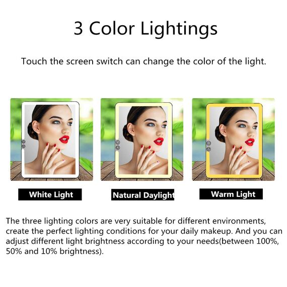 DeWEISN Faltbarer Reise-Spiegel beleuchteter Make-up-Spiegel mit 72 LEDs, 3 Farben, USB, wiederaufladbar, tragbar, ultradünn, beleuchteter Kosmetikspiegel mit Touchscreen, dimmbar für Kosmetik