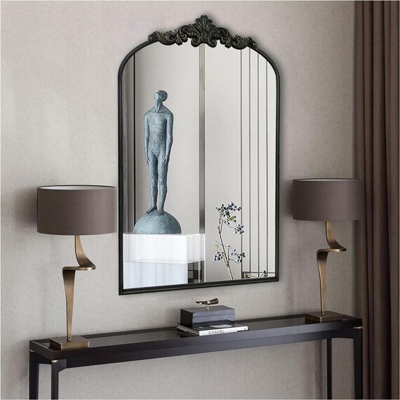 WAMIRRO Gewölbter Spiegel, schwarz, traditionell, Vintage, verziert, Barockspiegel, antikes Messing, Spiegel für Eingang/Kamin/Wohnzimmer/Flur/Badezimmer, 61 x 91 cm, Schwarz