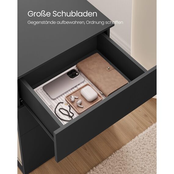 VASAGLE Nachttisch, superschnelle werkzeuglose Montage, Toolless-Technologie, Beistelltisch 3 Schubladen, Nachtschrank, Schlafzimmer, Wohnzimmer, tintenschwarz-cappuccinobeige LET778B01